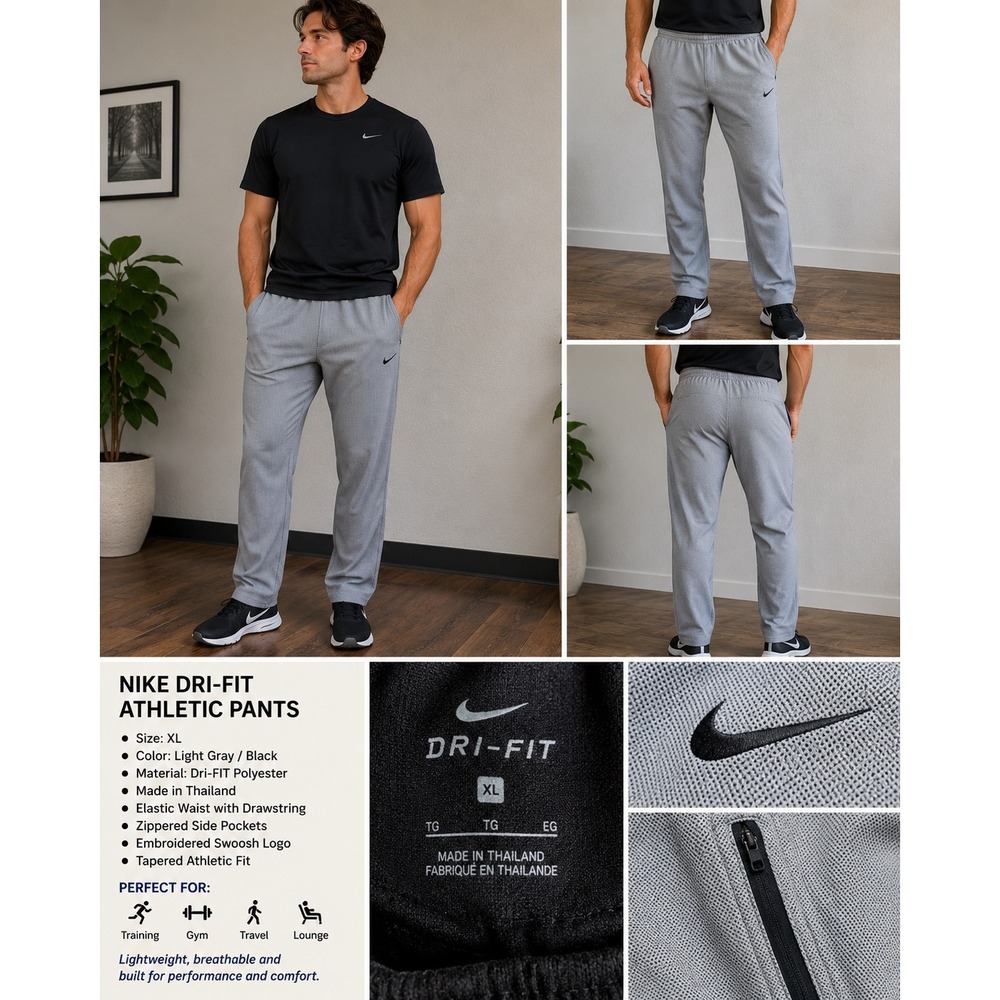 Nike Dri-FIT Mens XL Athletic Pants Gray Black Tapered Zipper Pockets Training